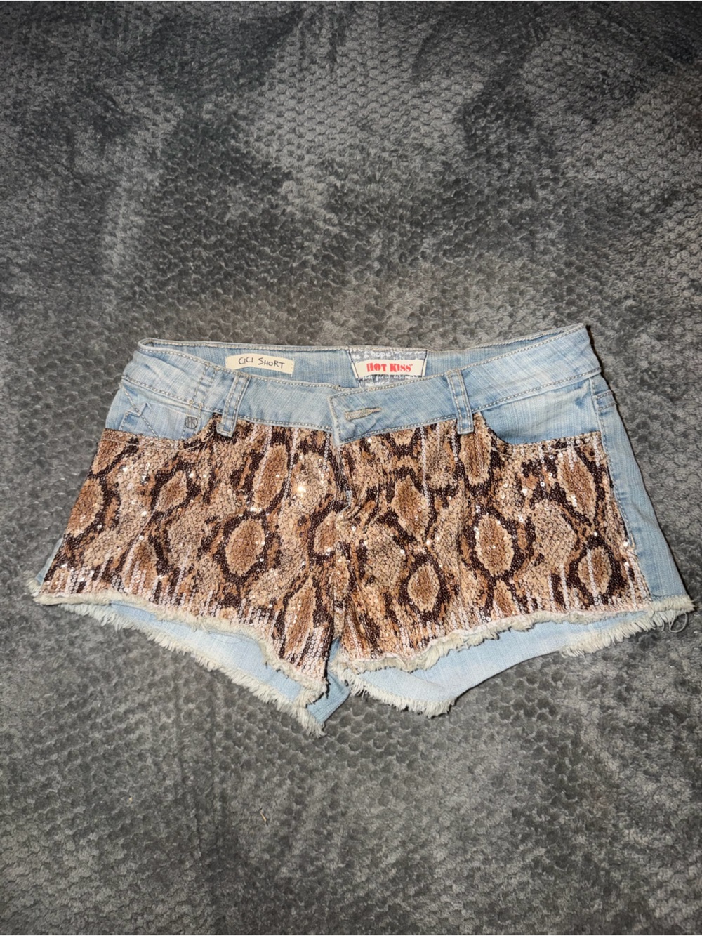 Hot Kiss Y2K Women's Light Blue Denim Shorts with Brown Snake Print Panel